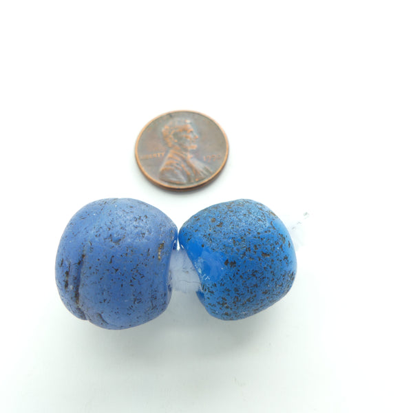 Dogon Style, Antique Opaque Medium Blue Oblates, 15x18 &16x19mm, Set of 2 Beads