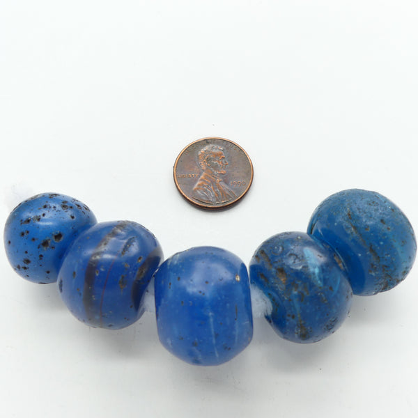 Dogon Style. Antique Oblate Dark Cerulean Blue Beads, Largest 16x22mm, Set of 5