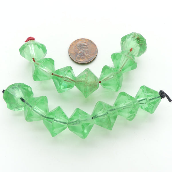 Bohemian, Vasaline Beads, Bright Translucent Green Bicones 12x15mm, Sets of 7