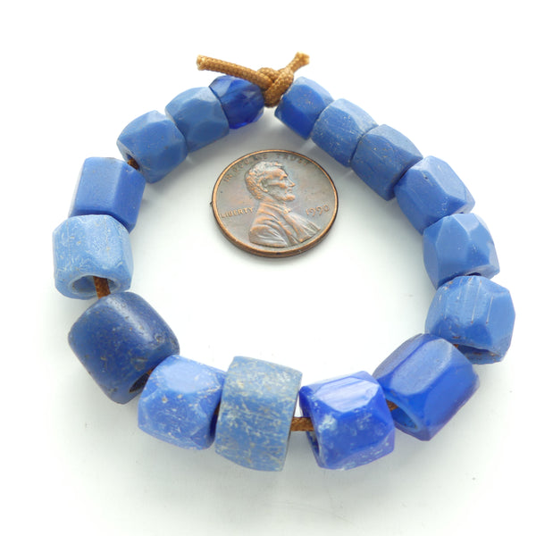 Russian Blue Family, Short Faceted Large Hole Beads, 7x9mm to 8x11mm, Set of 16