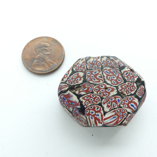 Millefiori Antique Venetian Trade Beads, Bundled Cane Version of Red, White & Blue, 26x34mm
