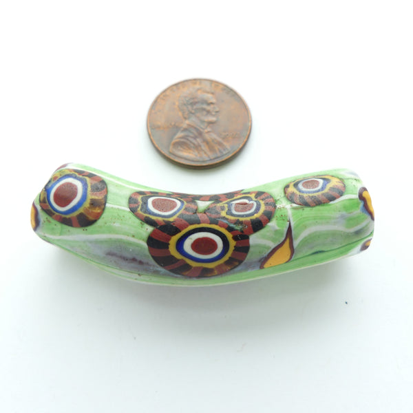 Millefiori, Antique Venetian Trade Bead, Elbow Flowers Blooming and Green Fields, 50x13mm