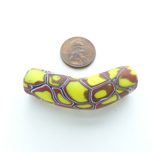 Millefiori Antique Venetian Trade Bead, Elbow Yellow & Brick with a Surprise,  50x13mm