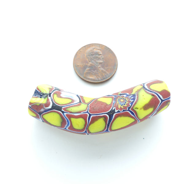 Millefiori Antique Venetian Trade Bead, Elbow Yellow & Brick with a Surprise,  50x13mm