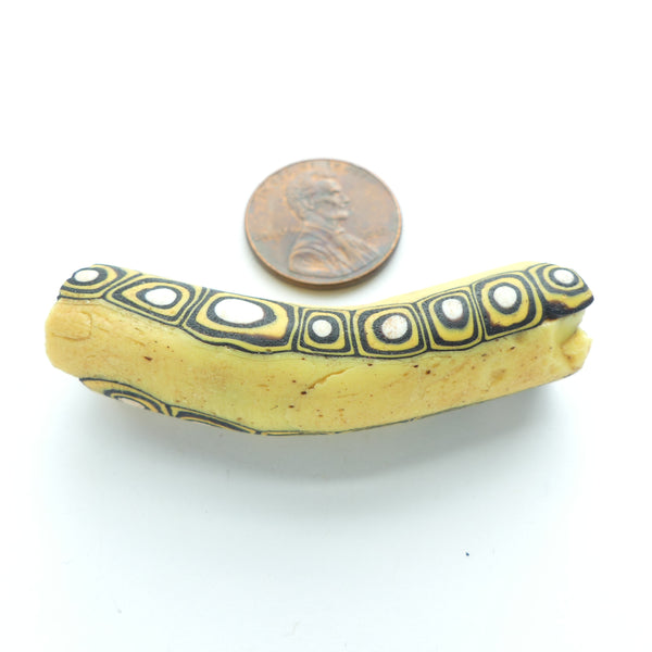 Millefiori, Antique Venetian Trade Bead, Elbow, Yellow, Black and White, 50x12mm