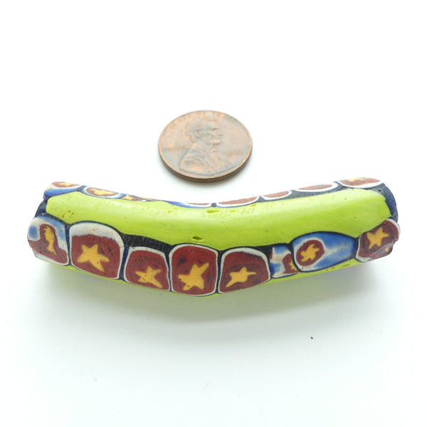 Millefiori, Antique Venetian Trade Bead, Elbow, Large, Lime with Stars, 55x13mm
