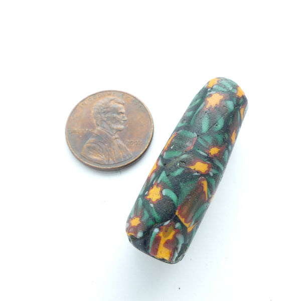 Millefiori, Antique Venetian Trade Bead, Green with Gold Stars, 36x12mm,