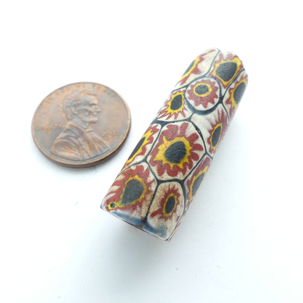 Millefiori Antique Venetian Trade Bead, Unusual Black, White, Amber & Brick Chevron, 33x11