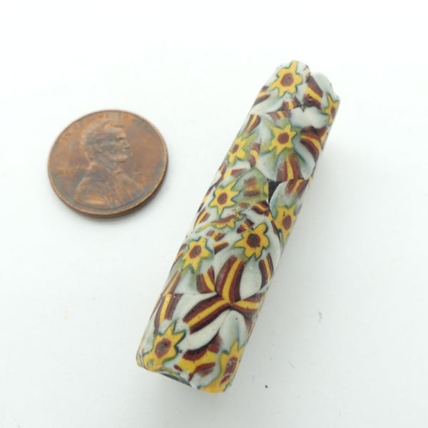 Millefiori, Antique Venetian Trade Bead, Long White/Amber/Red, 45x12mm