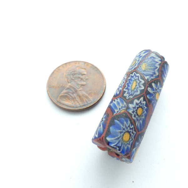 Millefiori, Antique Venetian Trade Beads, Blue Chevrons w/ Brick, 30x12mm,