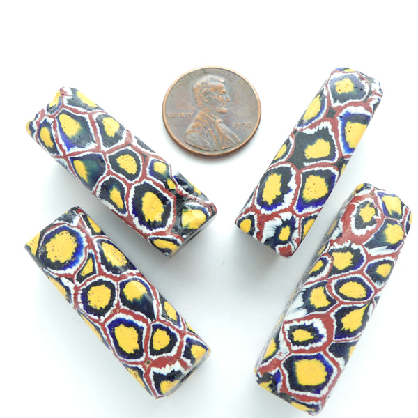 Millefiori Antique Venetian Trade Beads, Multi-Color, Square Cross-Section, 36x11mm, Sold Individually