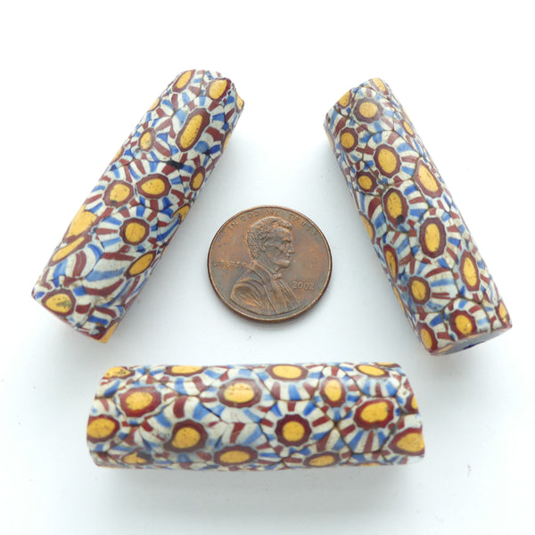Millefiori, Antique Venetian Trade Beads, Large Red, White, Blue, Amber, 42x12mm