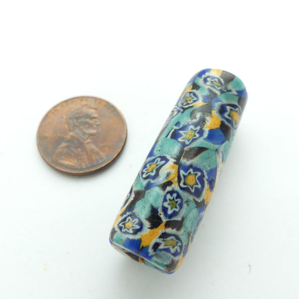Millefiori, Antique Venetian Trade Bead, Starry Blue & Turquoise Skies with Amber! 37x12mm