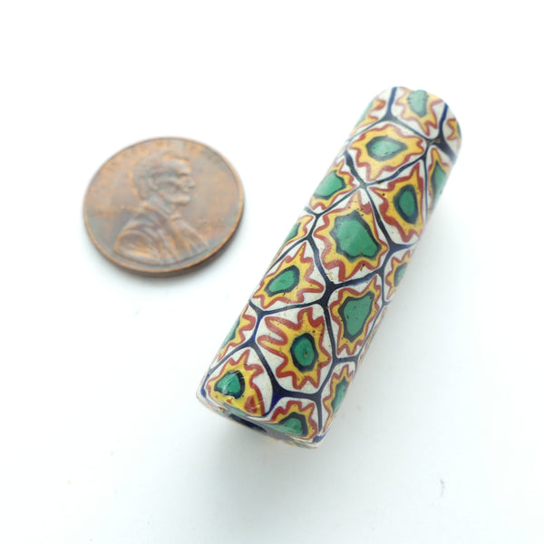 Millefiori, Antique Venetian Trade Bead, Green, Amber White Star, 38x12mm