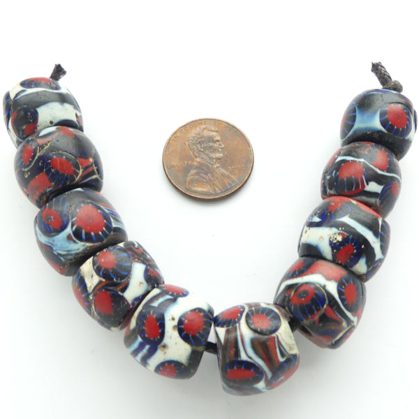 Millefiori Antique Venetian Trade Beads, Swirled Background with Murrine, Sold Individually