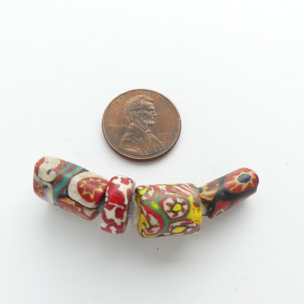 Millefiori Antique Venetian Trade Beads, Small Collector Set of 4 Beads with Red & More