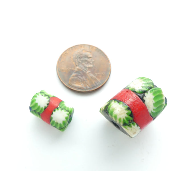 Millefiori Antique Venetian Trade Beads, Green & White Stars with Red, Set of 2