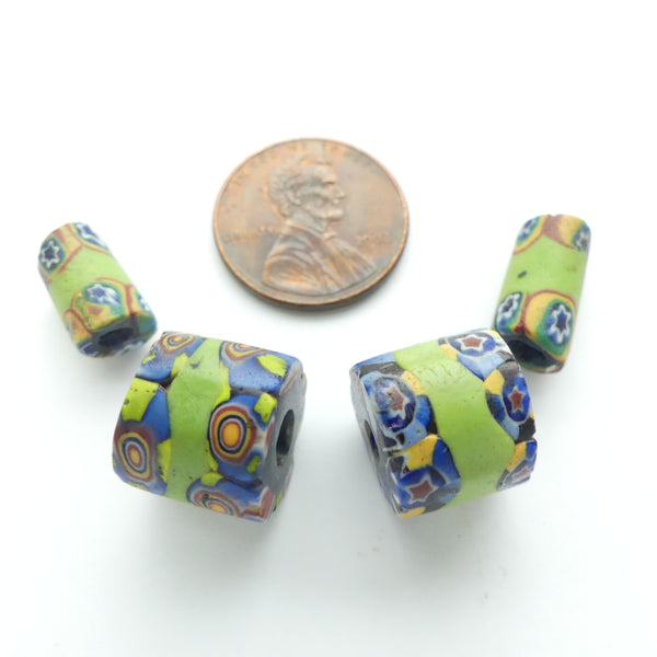 Millefiori, Antique Venetian Trade Beads, Blue & Lime Mini & Smalls, Set of 4