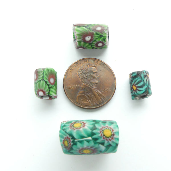Millefiori, Antique, Green Chevron Pattern, Set of 4 Small Beads