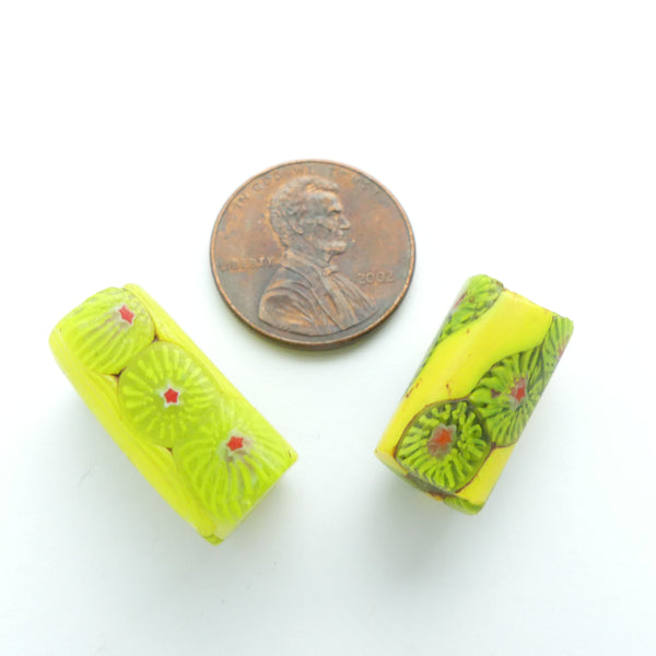 Millefiori, Antique Venetian Trade Beads, Yellow, Translucent Lime & Tiny Red Stars, Set of 2