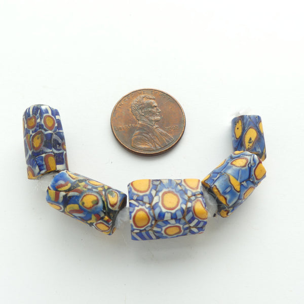 Millefiori Antique Venetian Trade Beads, Collector/Designer Set of 5 Small Blue Beads