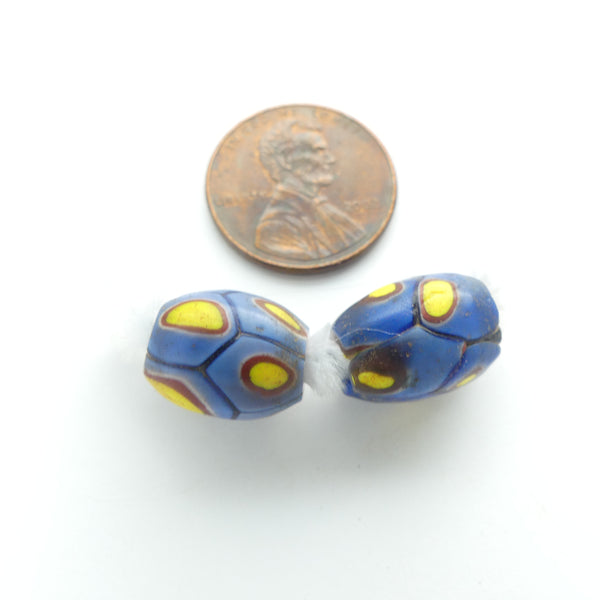 Millefiori Antique Venetian Trade Beads, Olive Shape Medium Blue with Brick & White, Set of 2