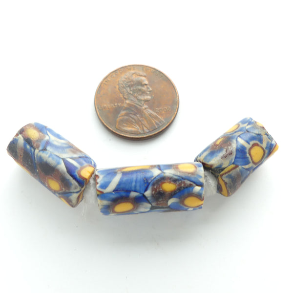 Millefiori, Antique Venetian Trade Beads, Blues with Brick & Amber, Small, Set of 3