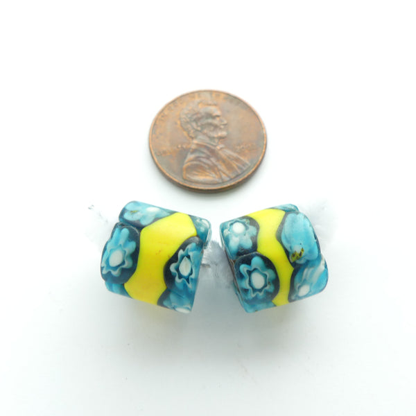 Millefiori, Antique Venetian Trade Beads, Turquoise & Yellow, 12x12mm, Set of 2