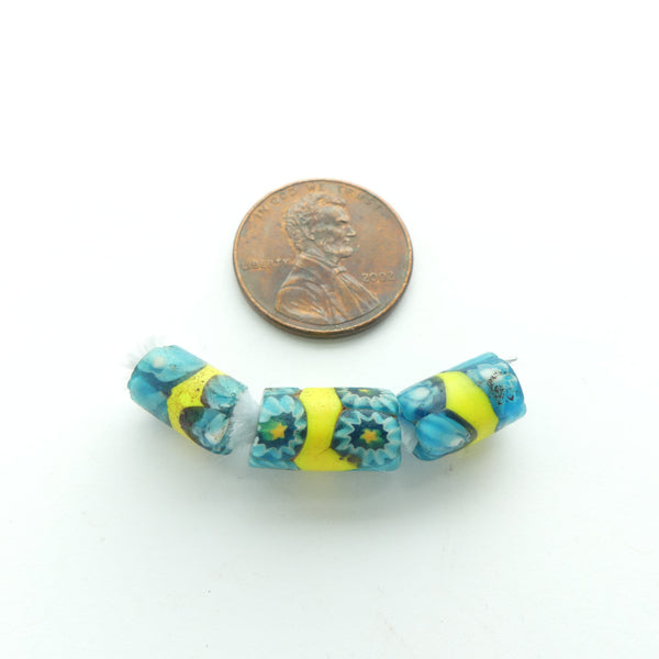 Millefioiri, Antique Venetian Trade Beads, Mini Aqua & Yellow, Set of 3