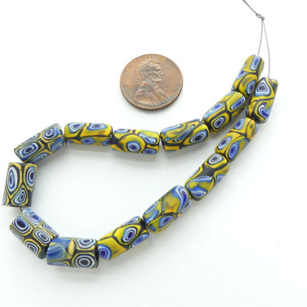 Millefiori, Antique Venetian Trade Beads, Mini Blue, White  & Amber, Sold in Sets of 2