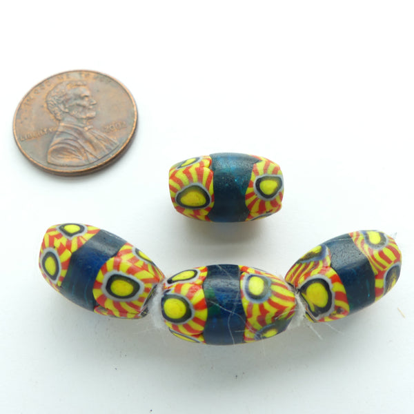 Millefiori, Antique Venetian Trade Beads, Rare Olive Shapes, Red, Yellow, Blue, Set of 4