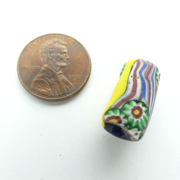 Millefiori, Antique Venetian Trade Bead, Striped with Green Chevron Murrine, 17x10mm