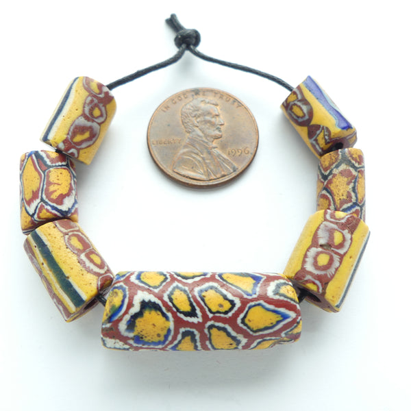 Millefiori Antique Venetian Trade Beads, Amber, Brick & Blue, Designer Set of 7