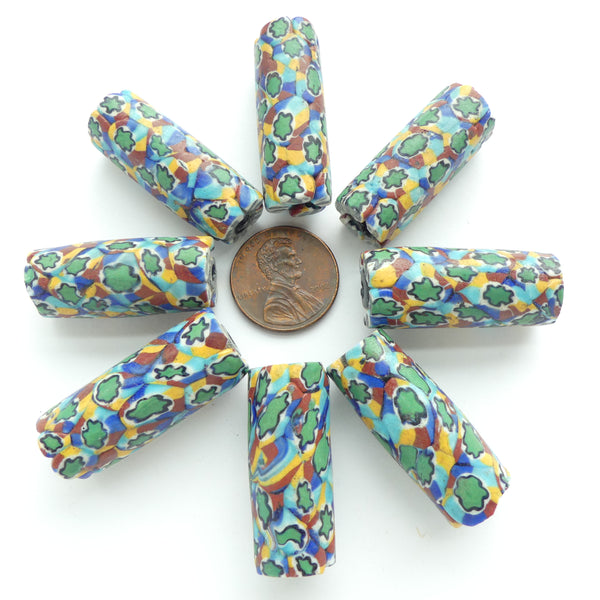Millefiori, Antique Venetian Trade Beads, Multicolor with TQ & Stars, 30x12mm
