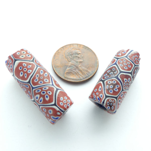 Millefiori Antique Venetian Trade Beads, Red, White & Blue Circles within Circles, Set of 2
