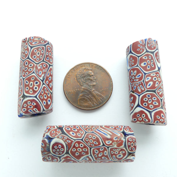 Millefiori, Antique Venetian Trade Beads, Brick, White & Blue, 27x12mm, Sold Individually