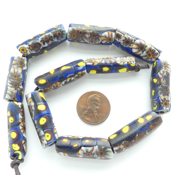 Millefiori, Antique Venetian Trade Beads, Dark Blue with 2 Murrine Styles, 28x10mm