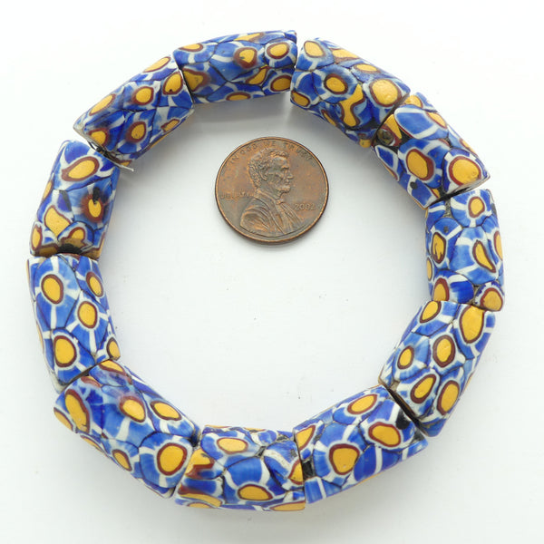 Millefiori, Antique Venetian Trade Beads, Blue, White, Amber, 20x11mm Sold Individually