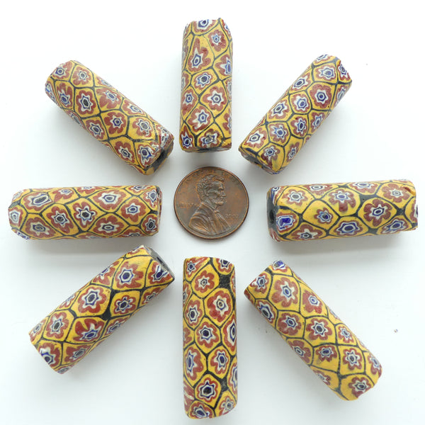 Millefiori, Antique Venetian Trade Beads, Classic Flowers In Amber, 35x12mm, Sold Individually