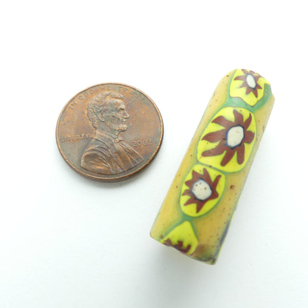 Millefiori, Antique Venetian Trade Bead, Flower Star Design with Yellow, 30x11mm