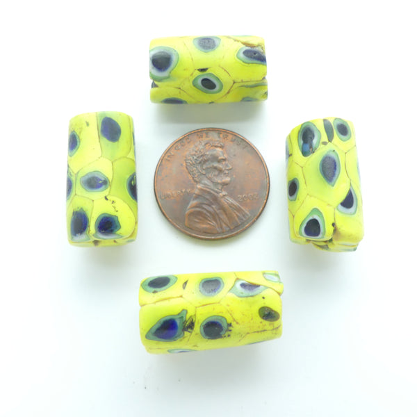 Millefiori, Antique Venetian Trade Bead, Yellow & Blue to Green, 20x10mm, Sold Individually