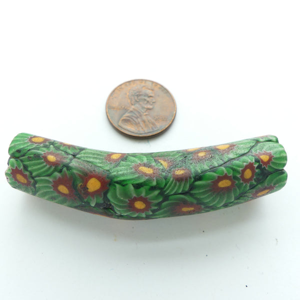 Millefiori, Antique Venetian Trade Bead, Elbow, Green Chevron with Amber, 57x14mm