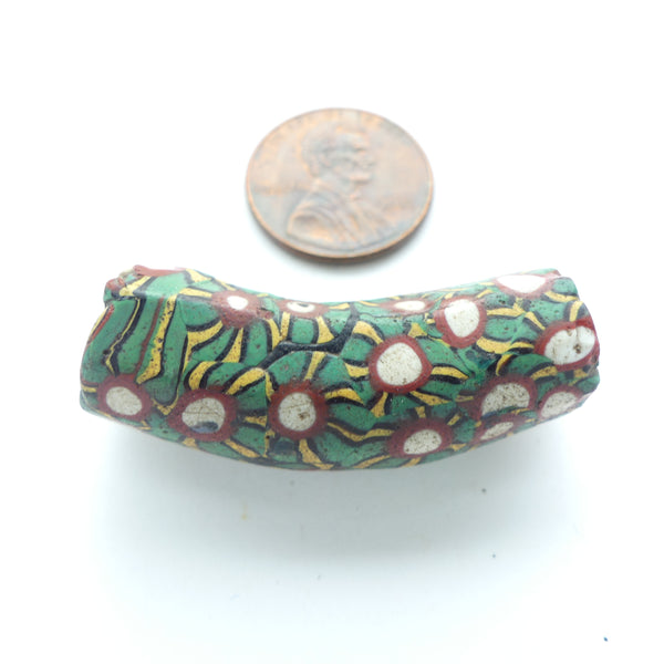 Millefiori Antique Venetian Trade Bead, Elbow, Green, Amber, Brick & White, 38x13mm