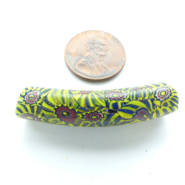 Millefiori, Antique Venetian Trade Bead, Small Sweet Elbow Chevron/Flowers, 39x9mm