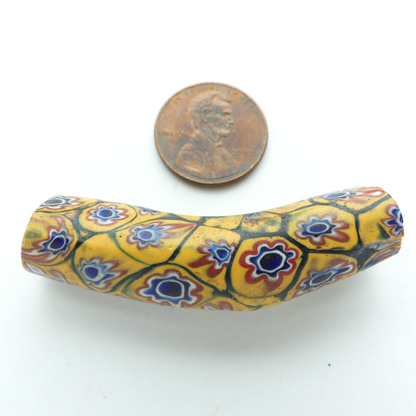 Millefiori, Antique Venetian Trade Bead, Elbow, Multicolor Flower Design, 52x12mm