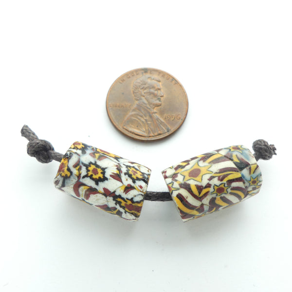 Millefiori Antique Venetian Trade Beads, White with Stars in Black, Amber & Brick, Set of 2
