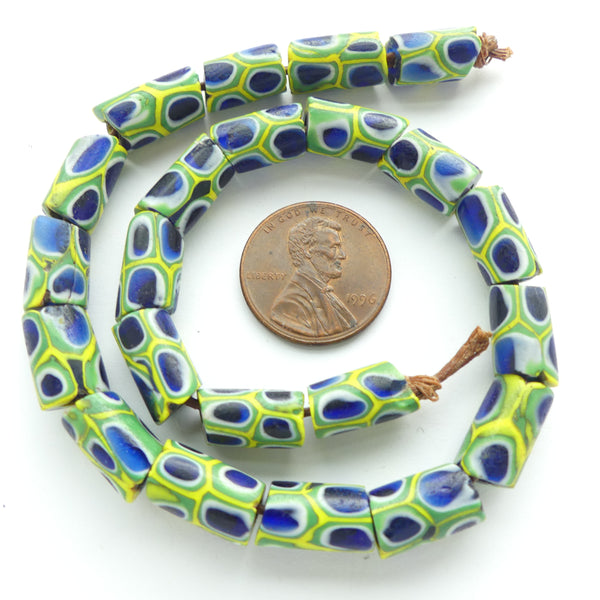 Millefiori Antique Venetian Trade Beads, Small Blue, Green 7 White, 14x7mm, Sold Individually