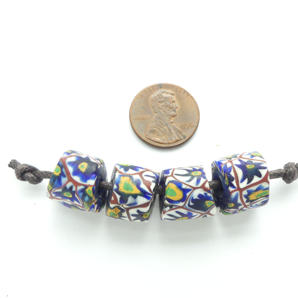 Millefiori Antique Venetian Trade Beads, Black Stars on White with Multicolor Accents, Set of 4