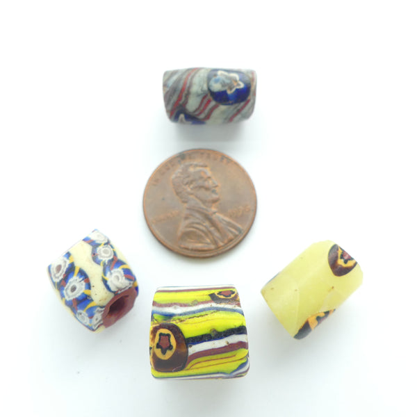 Millefiori Antique Venetian Trade Beads, Collectible Set of 4 Different Beads with White & More