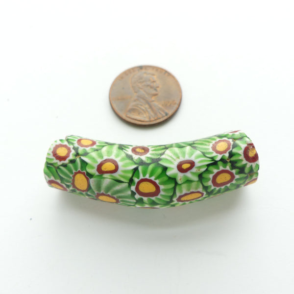 Millefiori Antique Venetian Trade Bead, Elbow, Green Chevron with Amber/Brick, 43x13mm